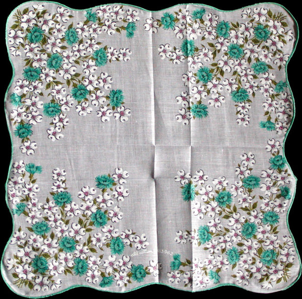 Dogwood and Aqua Floral Vintage Floral Handkerchief