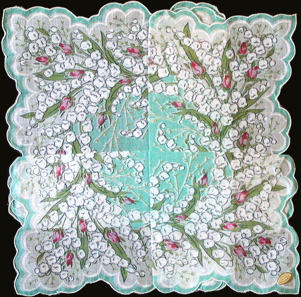 Lily of the Valley NOS Vintage Handkerchief, Aqua