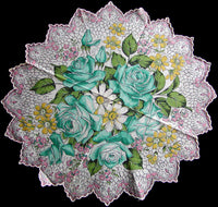 Aqua Rose Bouquet Round Vintage Handkerchief