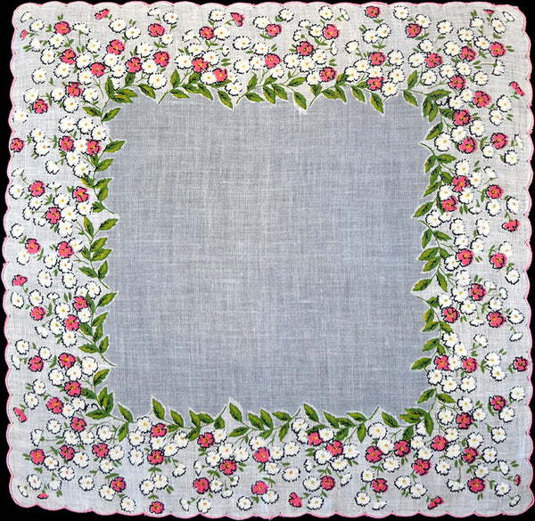 Posies on Gray Irish Linen Vintage Handkerchief