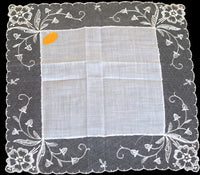 Posies Lace Border Vintage White Cotton Wedding Handkerchief