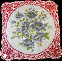 Gray Poppies, Red Ironwork Border Vintage Handkerchief