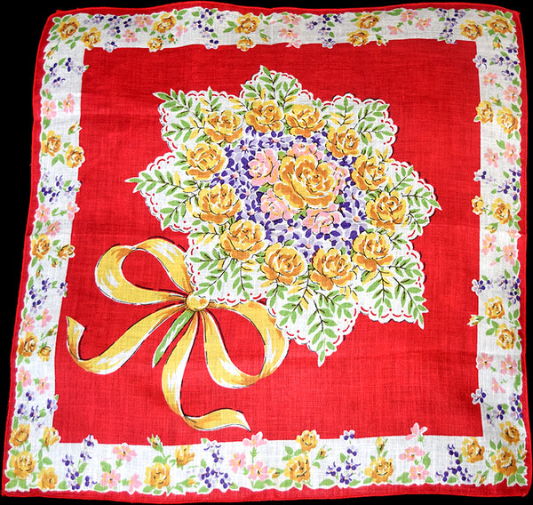 Bouquet of Violets & Roses on Irish Linen Vintage Handkerchief