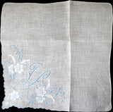 Monogram V Vintage Handkerchief Blue Madeira Embroidery, 14 Inch