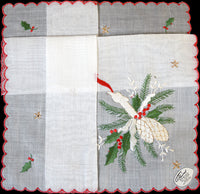 Christmas Candle w Stars Embroid Vintage Handkerchief, Burmel