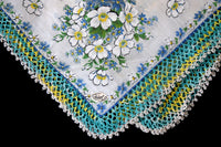 Burmel Blue White Floral Vintage Handkerchief w Crochet Lace