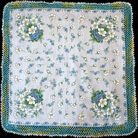 Burmel Blue White Floral Vintage Handkerchief w Crochet Lace