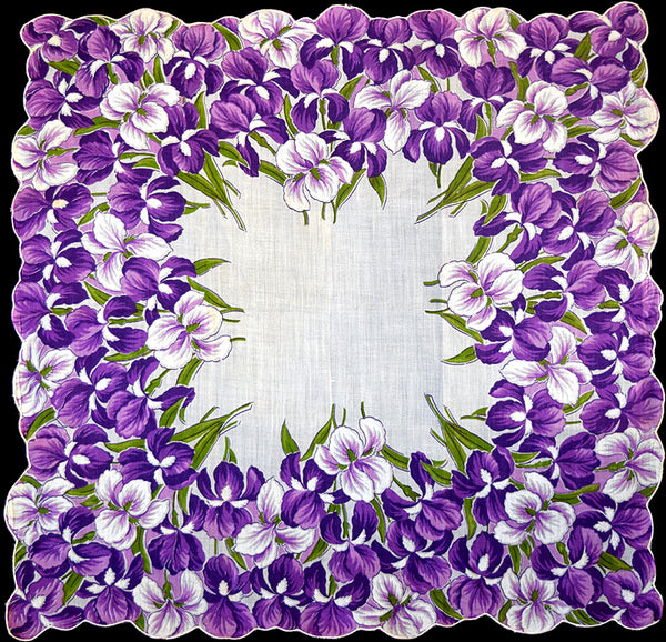 Purple and White Irises Vintage Handkerchief, 16 inches