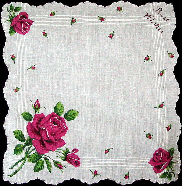 Best Wishes Pink Roses Vintage Handkerchief