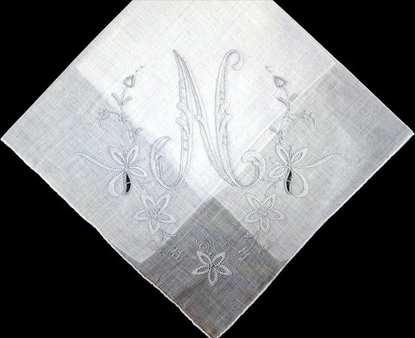 Monogram N Vintage Handkerchief Gray Madeira Shadow Embroidery