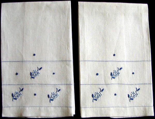 Blue & White Vintage Madeira Linen Guest Towels, Pair