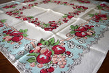Fancy Fruit Clusters and Ribbon Vintage Linen Tablecloth 38x42