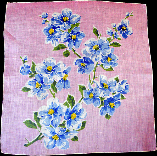 Blue Floral Clusters Irish Linen Vintage Handkerchief