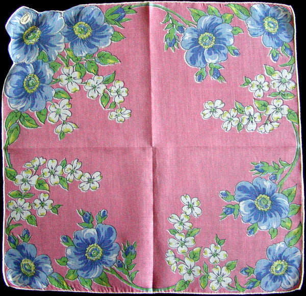 Blue Floral on Pink Vintage Handkerchief, Hand Rolled