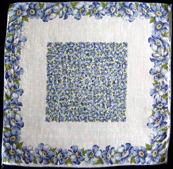 Blue Floral Border Vintage Handkerchief