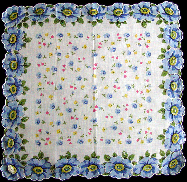 Blue Floral Border Vintage Handkerchief, Burmel Original