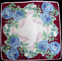 Blue Cabbage Roses on Wine Border Vintage Handkerchief