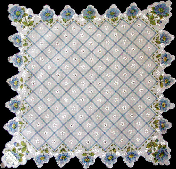 Blue Floral Scalloped Vintage Handkerchief New Old Stock