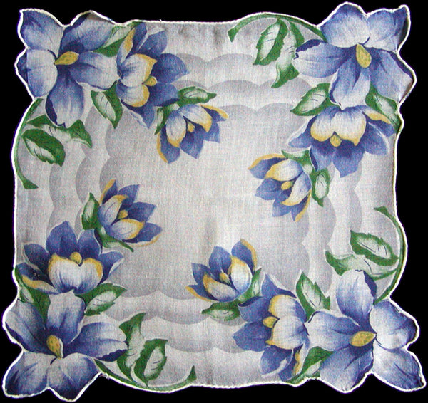 Blue Tropical Flower Vintage Handkerchief Hand Rolled