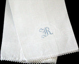 Antique Huck Linen Damask Guest Towel w Blue Monogram R