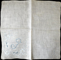 Monogram F Vintage Handkerchief, Blue Bows Madeira Embroidery