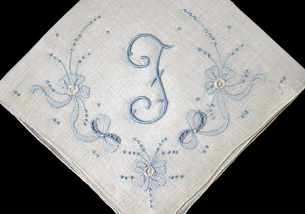 Monogram F Vintage Handkerchief, Blue Bows Madeira Embroidery