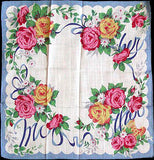 Mother in Blue w Pink Yellow Roses Vintage Handkerchief