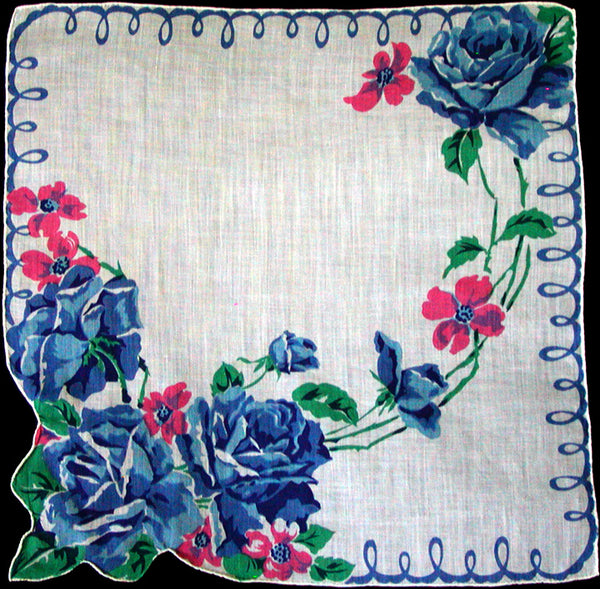 Blue Rose Cut-Out Pink Floral Vintage Handkerchief Hand Rolled