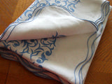 Blue Geometric Scrolls Scalloped Linen Vintage Tablecloth 56x74
