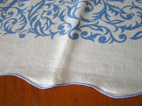 Blue Geometric Scrolls Scalloped Linen Vintage Tablecloth 56x74