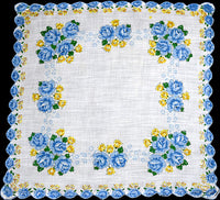 Blue Roses Scalloped Border Vintage Handkerchief