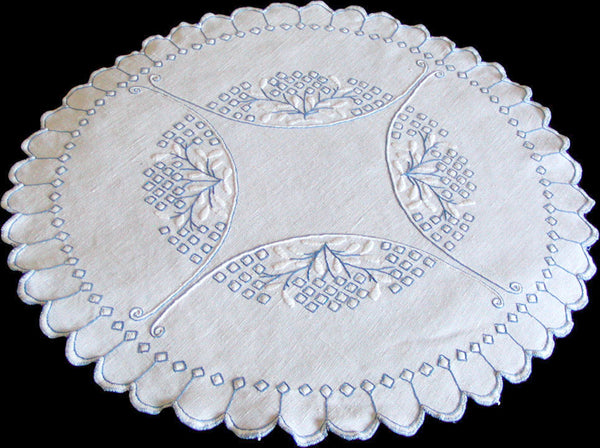 Arts & Crafts Bluework Embroidered Linen Doily 20 Inches