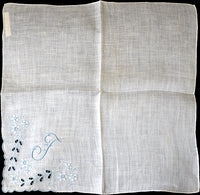 Monogram F Vintage Handkerchief, Blue Madeira Embroidery Cutwork