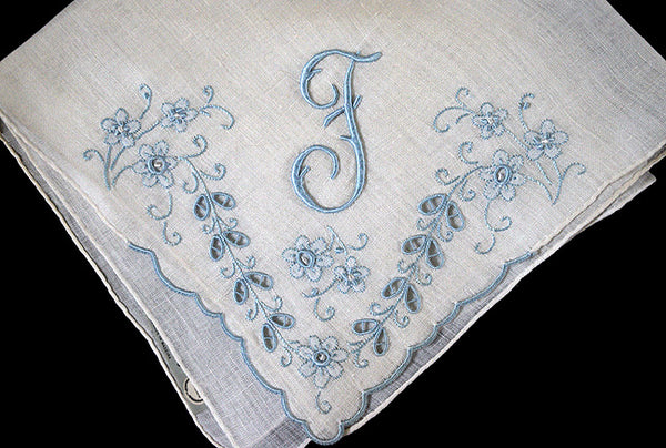 Monogram F Vintage Handkerchief, Blue Madeira Embroidery Cutwork
