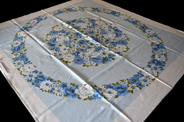 Blue Floral Wreath Vintage Tablecloth 48x52