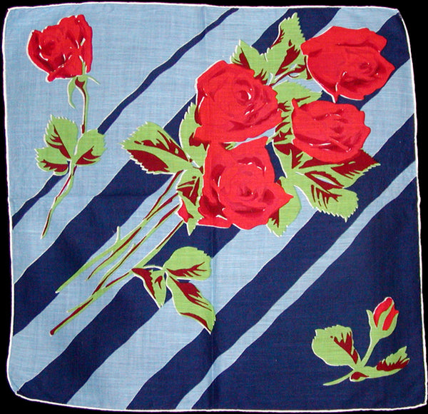Red Roses w Blue Stripes Vintage Handkerchief
