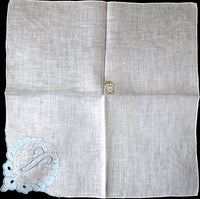 Monogram V Vintage Handkerchief, Blue Madeira Embroidery