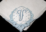 Monogram V Vintage Handkerchief, Blue Madeira Embroidery