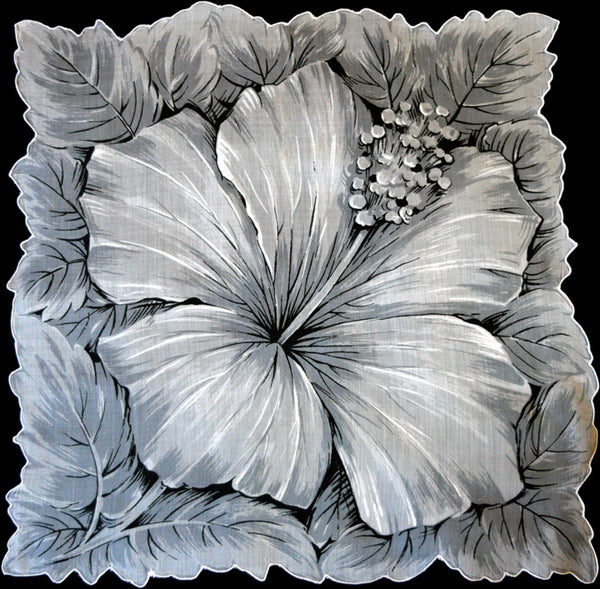Big Gray Hibiscus Flower Vintage Handkerchief