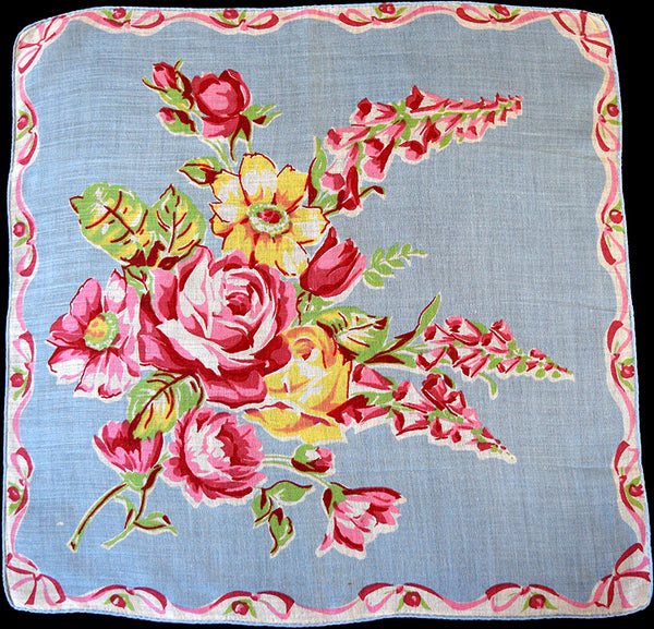 English Garden w Foxgloves Roses Vintage Handkerchief