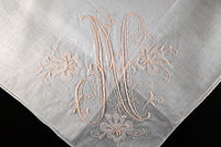 Monogram N Vintage Handkerchief Peach Madeira Embroidery