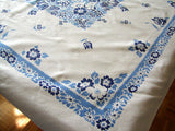 Broderie Blue and White Floral Tulips Vintage Tablecloth Unused
