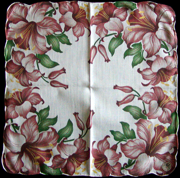 Cocoa Brown Lily Border Hand Rolled Vintage Handkerchief