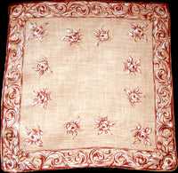 Brown, Tan Roses & Scrolls Vintage Irish Linen Handkerchief