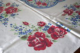 Blue Floral Red Rose Vintage Tablecloth 50x57