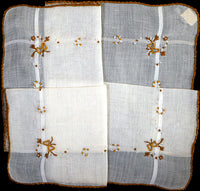 Bronze Bows Embroidered on White Vintage Handkerchief, Madeira