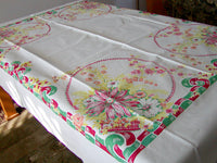 Red Wire Baskets of Flowers Vintage Sailcloth Tablecloth 56x74
