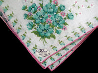 Aqua Posies Irish Linen Vintage Handkerchief, Burmel Original