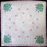 Aqua Posies Irish Linen Vintage Handkerchief, Burmel Original