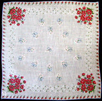 Red Posies Irish Linen Vintage Handkerchief, Burmel Original